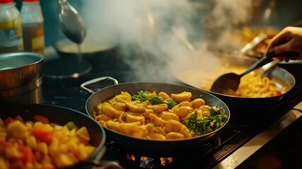 Various pots filled with food are being cooked on a stove, emitting steam and carrying the aroma of spices. This scene showcases a culinary artistry in progress.