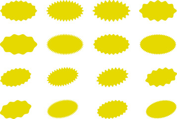 Red and yellow shopping labels collection. Sale or discount sticker. Starburst red sticker set. Special offer price tag. Supermarket promotional badge. Promo stickers with star edges. Vector, PNG