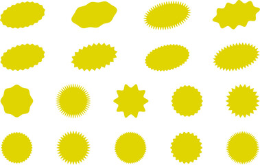 Red and yellow shopping labels collection. Sale or discount sticker. Starburst red sticker set. Special offer price tag. Supermarket promotional badge. Promo stickers with star edges. Vector, PNG