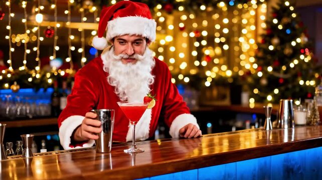 santa with beard crafts holiday cocktail, jolly bearded santa mixes colorful holiday drink at bar, whitebearded santa creates cheerful festive beverage amidst holiday decorations and lighting.