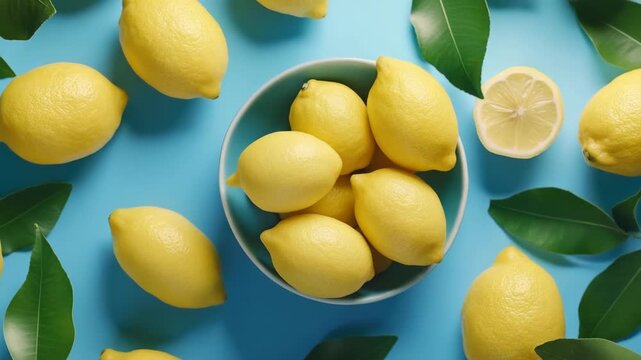 Bowl full of lemons, with leaves and rind around.