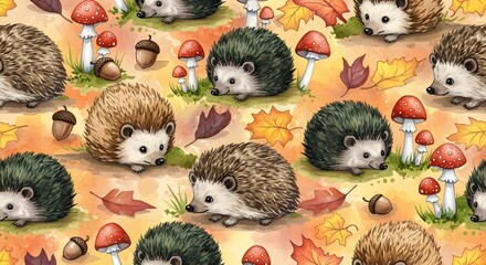 Whimsical Hedgehog Autumn Pattern Fall Season Woodland Animals and Foliage Illustration Design