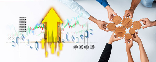 A dynamic scene showing multiple hands holding gears together, with an upward arrow symbolizing...