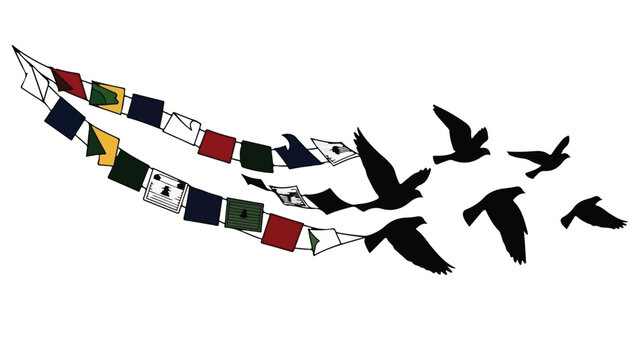 Colorful prayer flags flutter with flock of birds flying freely against white background