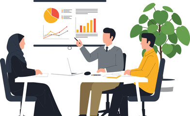 Diverse business team meeting in a modern office, analyzing data and financial growth charts on a projection screen during a corporate presentation, including a woman in traditional attire.