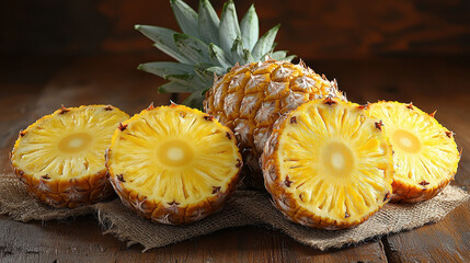 Fresh Pineapple Slices on Wooden Background with Green Leaves