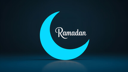 bright blue crescent moon ramadan greeting on dark background