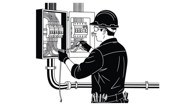 An electrician working on an electrical panel with safety equipment - Powered by Adobe
