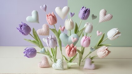 Obraz premium Whimsical arrangement of pastel fabric tulips and floating hearts on a split purple and green background, symbolizing love and spring.