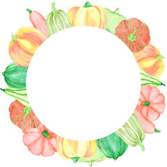 Hand drawn watercolor pumpkins wreath frame border. Illustration isolated on white background. Can be used for postcard, label and other printed products