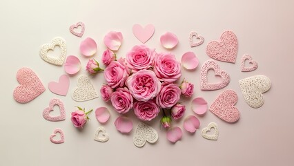 Romantic flat lay with pink roses, delicate petals, and various heart-shaped cookies on a light pink background, perfect for Valentine's Day.