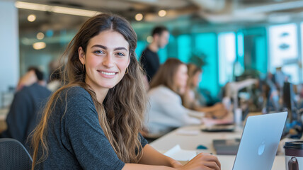 Fototapeta premium A cheerful young woman works at her desk in a lively office with colleagues around Generative AI