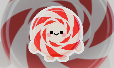 round peppermint candy character with spiral red pattern kawaii face  Generative AI