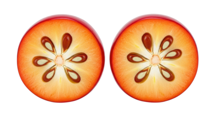 Two halved persimmons with star like seed patterns transparent background cutout png