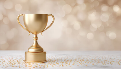Gold trophy on marble table with festive confetti celebrating victory and achievement