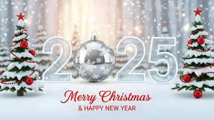 Festive 2025 new year with decorated fir trees and christmas ornament