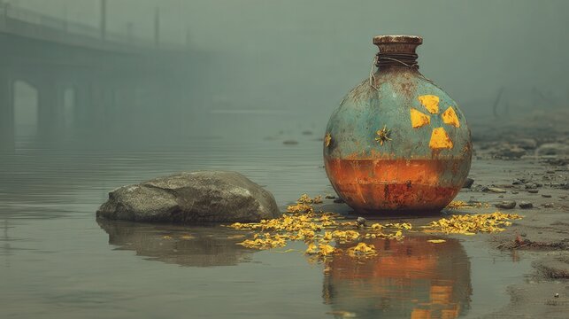 Contaminated River: Radioactive Waste Barrel by Water