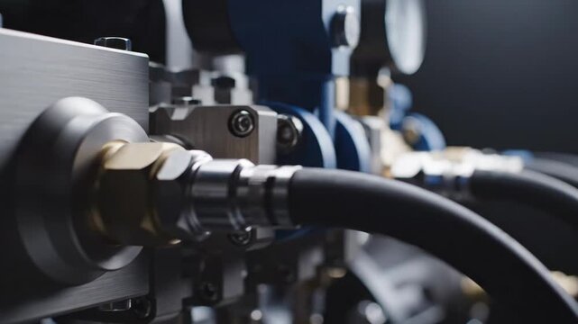 Close up view of industrial machine components with hoses and metal fittings engineering and manufacturing detail
