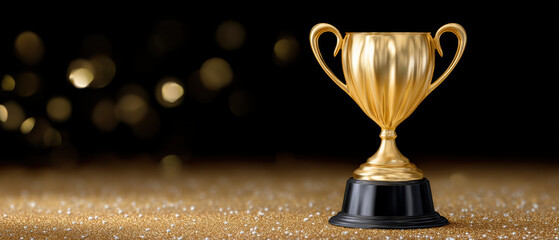 Golden trophy on glitter surface celebrating victory and achievement with elegant shine