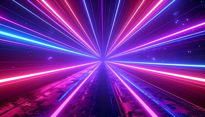 Fototapeta premium Geometric neon rays of blue and magenta converge in a vanishing point on a textured surface, sparkling stardust