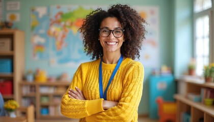 Smiling woman teacher stands in preschool classroom. She has glasses and arms crossed. Background shows world map and shelves with toys and books.