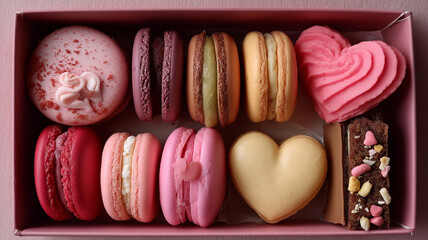 A delightful mix of Valentine's Day pastries in a pink box, radiating joy and sweetness Generative AI