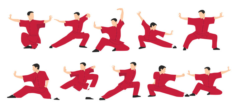 Vector set of wushu. Wushu positions. Design elements and icons