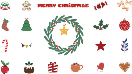 Merry Christmas collection with wreath gingerbread man cake stocking tree candy cane holly ornament gift and festive winter holiday elements isolated