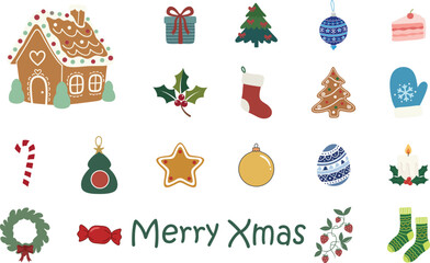Cute Christmas Elements Collection Gingerbread House Tree Ornament Holly Candy Cane Wreath Gift Mitten Socks and Merry Xmas Text Illustration