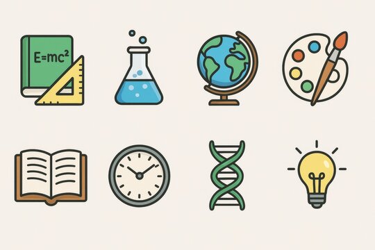 Colorful school and education icons for science, art, and learning