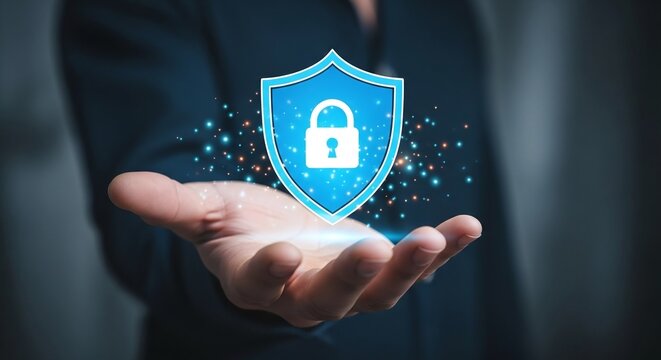 A hand holds a glowing blue shield with a padlock, symbolizing digital security, data protection, and cybersecurity in a modern tech environment