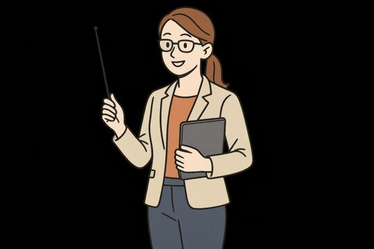 Female teacher with pointer and tablet, cartoon illustration on black background