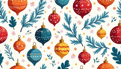Seamless pattern with stylized Christmas baubles and pine branches. Colorful ornaments and festive foliage repeat across a light background. Winter holidays joyful celebration and decoration.