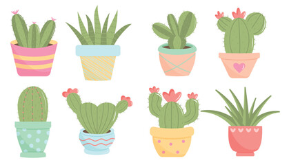 Cute cactuses in pot set. Trendy pastel colors. Exotic and tropical domestic plants.