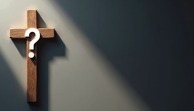 Rustic wooden Christian cross white question mark on center. Bright light casts dramatic diagonal shadow on plain gray wall. Symbol represents doubt, questioning faith, spiritual uncertainty,