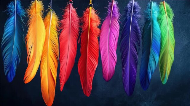 Sticks with colorful peacock feathers arranged in a row