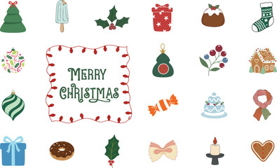 Merry Christmas greeting with festive icons including tree ornaments gifts holly berries pudding stocking lights gingerbread house candle donut and
