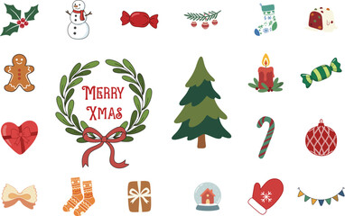 Cute Christmas and Winter Holiday Icons Collection Snowman Holly Wreath Gingerbread Tree Candle Candy Gift Socks Mitten Ornament Isolated on White