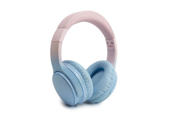 A pair of modern wireless over-ear headphones in pastel colors, featuring light blue earcups and a light pink headband, isolated on a clean white background.