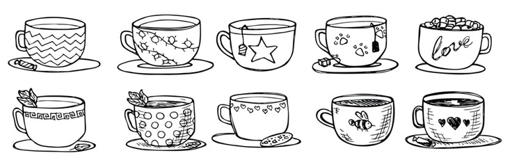 Cute cup of tea and coffee illustration. Simple mug clipart. Cozy home doodle set