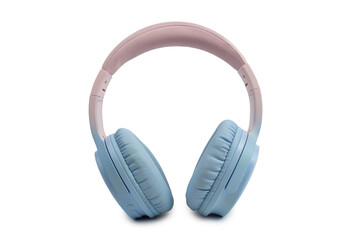 A pair of modern wireless over-ear headphones in pastel colors, featuring light blue earcups and a light pink headband, isolated on a clean white background.