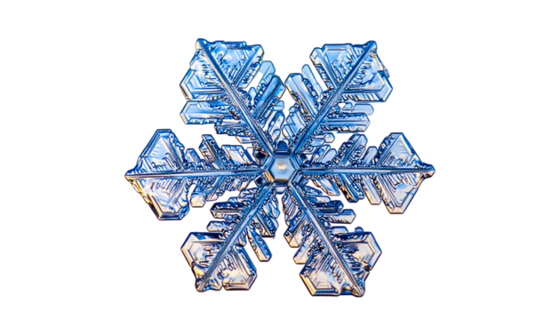 Macro shot revealing a symmetrical, six-pointed ice crystal with intricate geometric patterns
