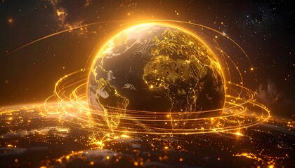 Glowing Earth illustration with golden orbits, stars in the background, with city lights shining brightly below