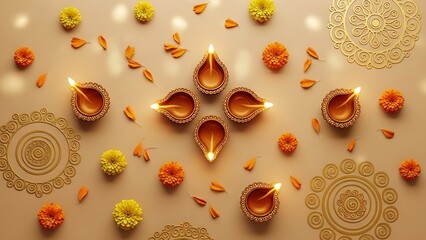 Celebrate Diwali with stunning diya lamps and vibrant flowers, perfect for greetings, invitations, and adding a touch of Indian tradition to your design