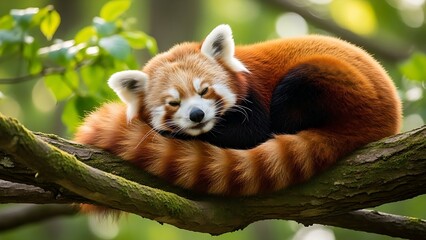 Adorable red panda taking a peaceful nap on a mossy tree branch, capturing the serene beauty and gentle nature of wildlife in its natural habitat