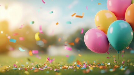 confetti balloon colourful Background Colorful balloons and confetti scattered on a grassy field, outdoor party scene.