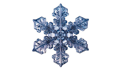 Detailed macro shot of a single six-pointed snowflake crystal, pristine and icy blue against black
