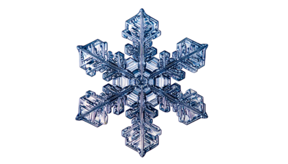 Detailed macro shot of a single six-pointed snowflake crystal, pristine and icy blue against black