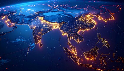 Glowing Earth view of Asia, nighttime city lights illuminate the landscape, fading into the blue atmospheric horizon