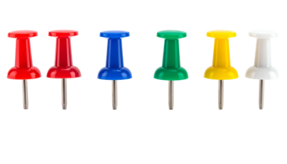 Six colorful thumb tacks arranged horizontally against a black background